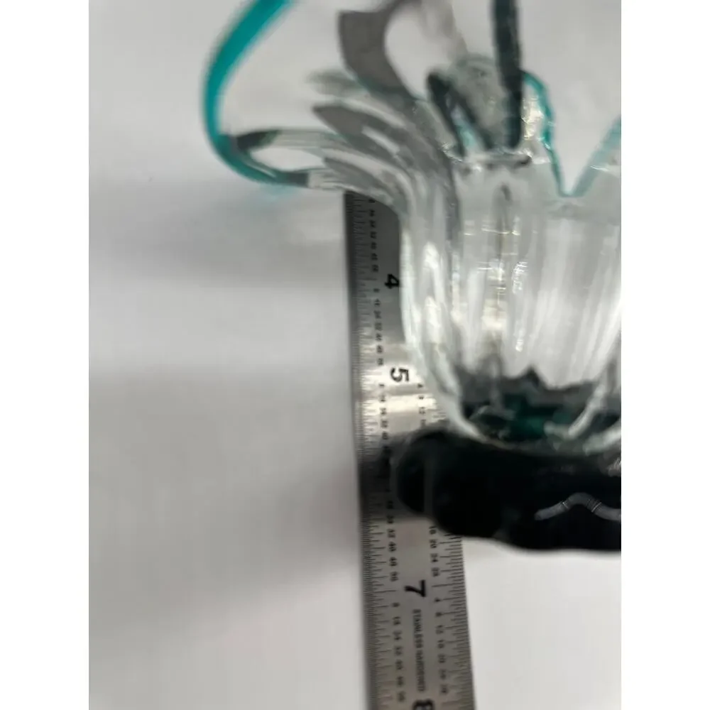 Vintage Hand Blown Art Glass Basket Teal Blue Rim Rope Handle Murano Style